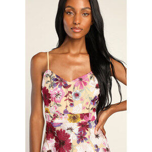 Lulus Garden Grandeur Beige Floral Embroidered A-line Mini Dress - Size S